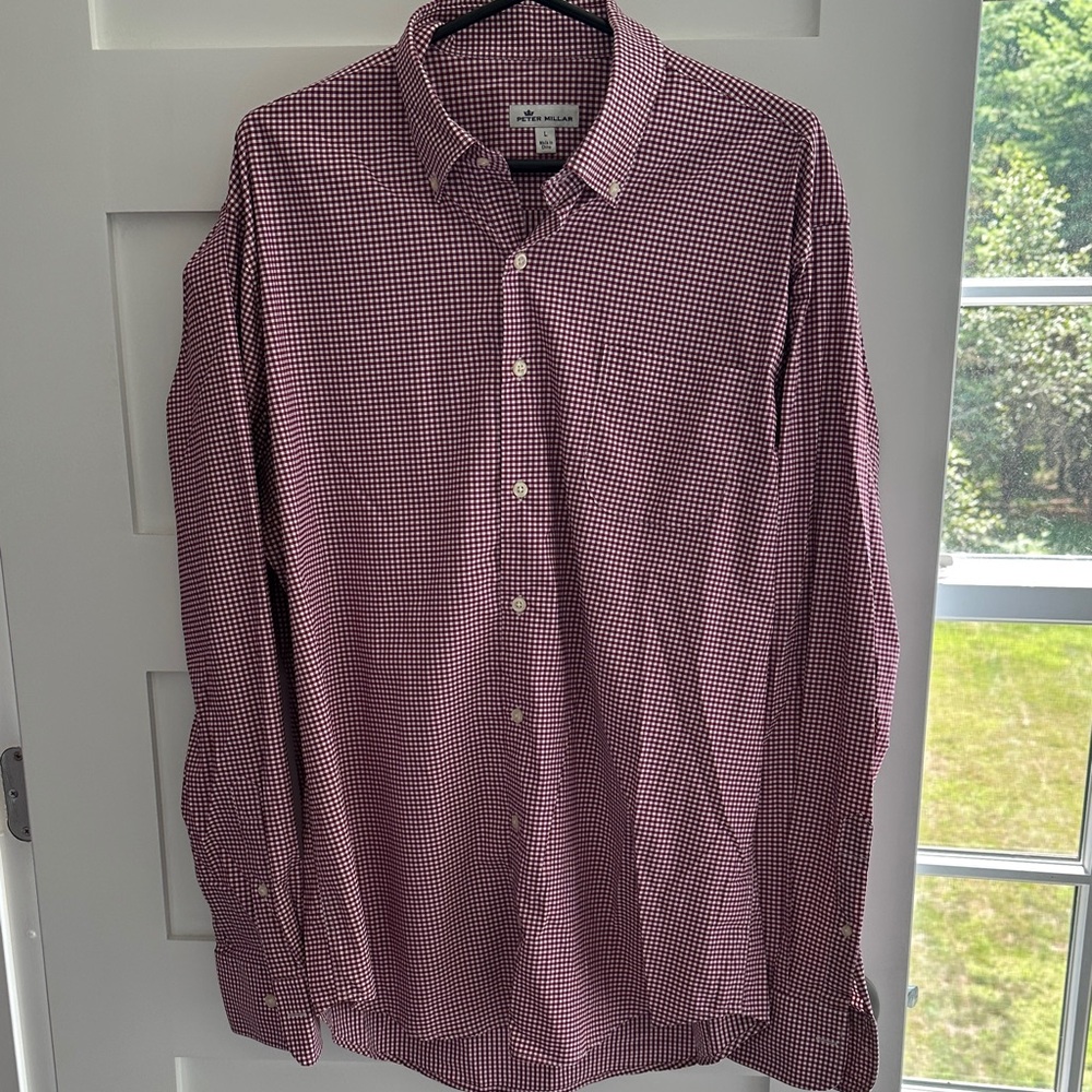 Peter Millar Red and White Checkered Casual Button Down Shirt